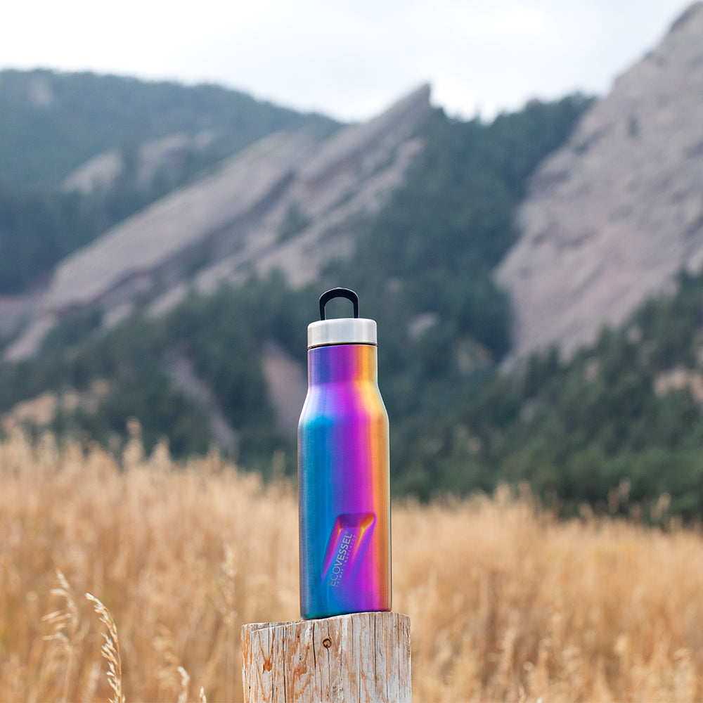 EcoVessel ASPEN Stainless Steel Insulated Water Bottle with Reflecta™  Insulated Lid with Hidden Handle and Rubber Base - 16oz (Over the Rainbow)