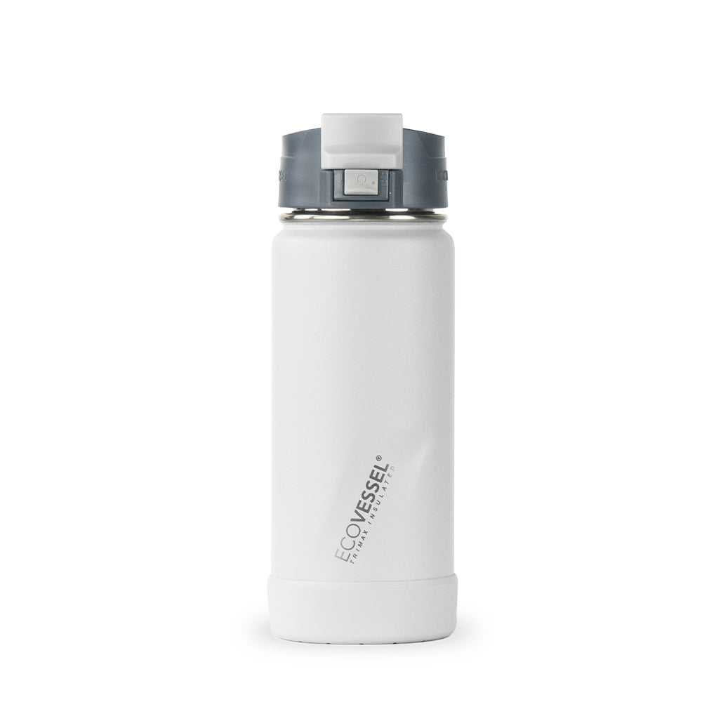 EcoVessel Perk Trimax Vacuum Insulated Stainless Steel Travel Bottle for Coffee & Tea with Push Button Locking Top - 16oz (White Out)