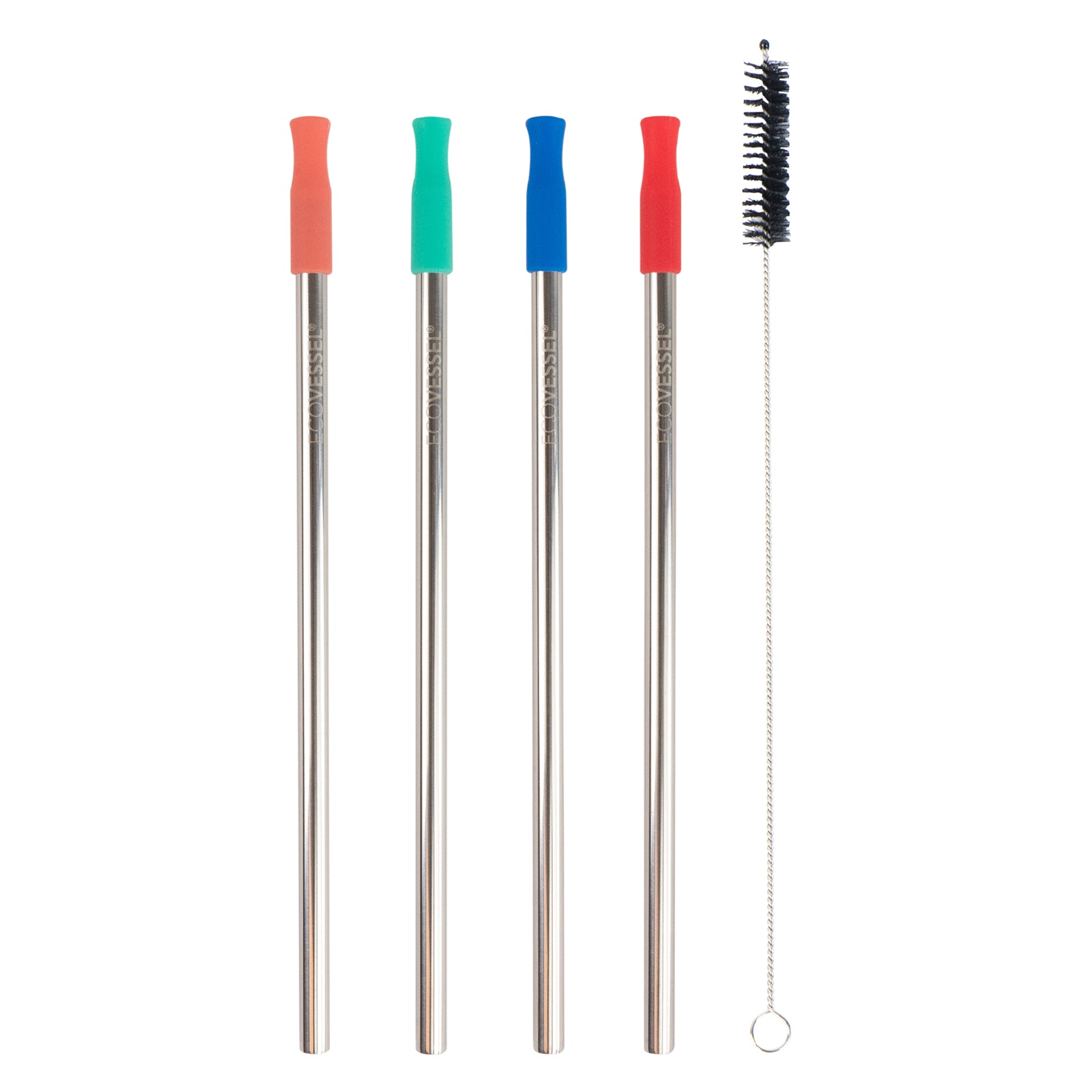 Stainless Steel Set of 4 Reusable Metal Straws w/ Silicone Tips & Cleaning  Brush