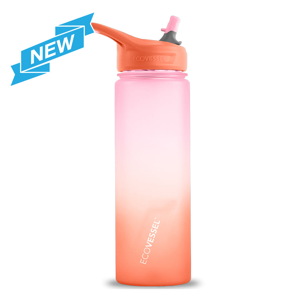 EcoVessel Wave Tritan Plastic Sports Water Bottle with Flip Straw, Leak Proof Lid, and Carry Handle 24 oz (Ombre Coral Sands), Multicolor